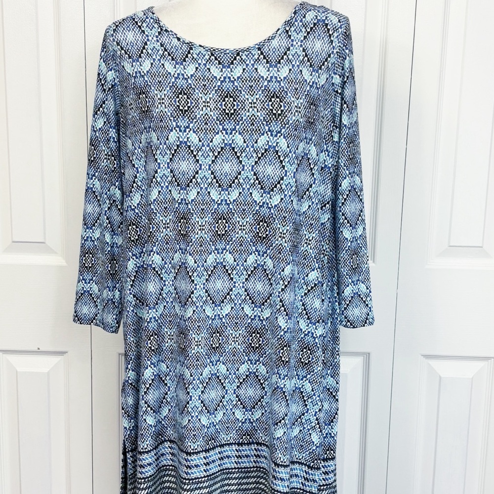 NWT Philosophy Blue Multi Geo Print Stretch Knit 3/4 Sleeve Tunic 0X